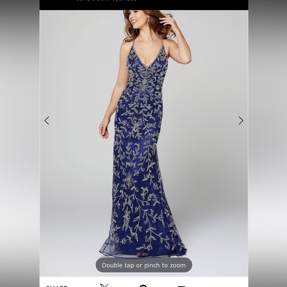 Primavera Couture Navy Blue Embellished V-Neck Prom Gown